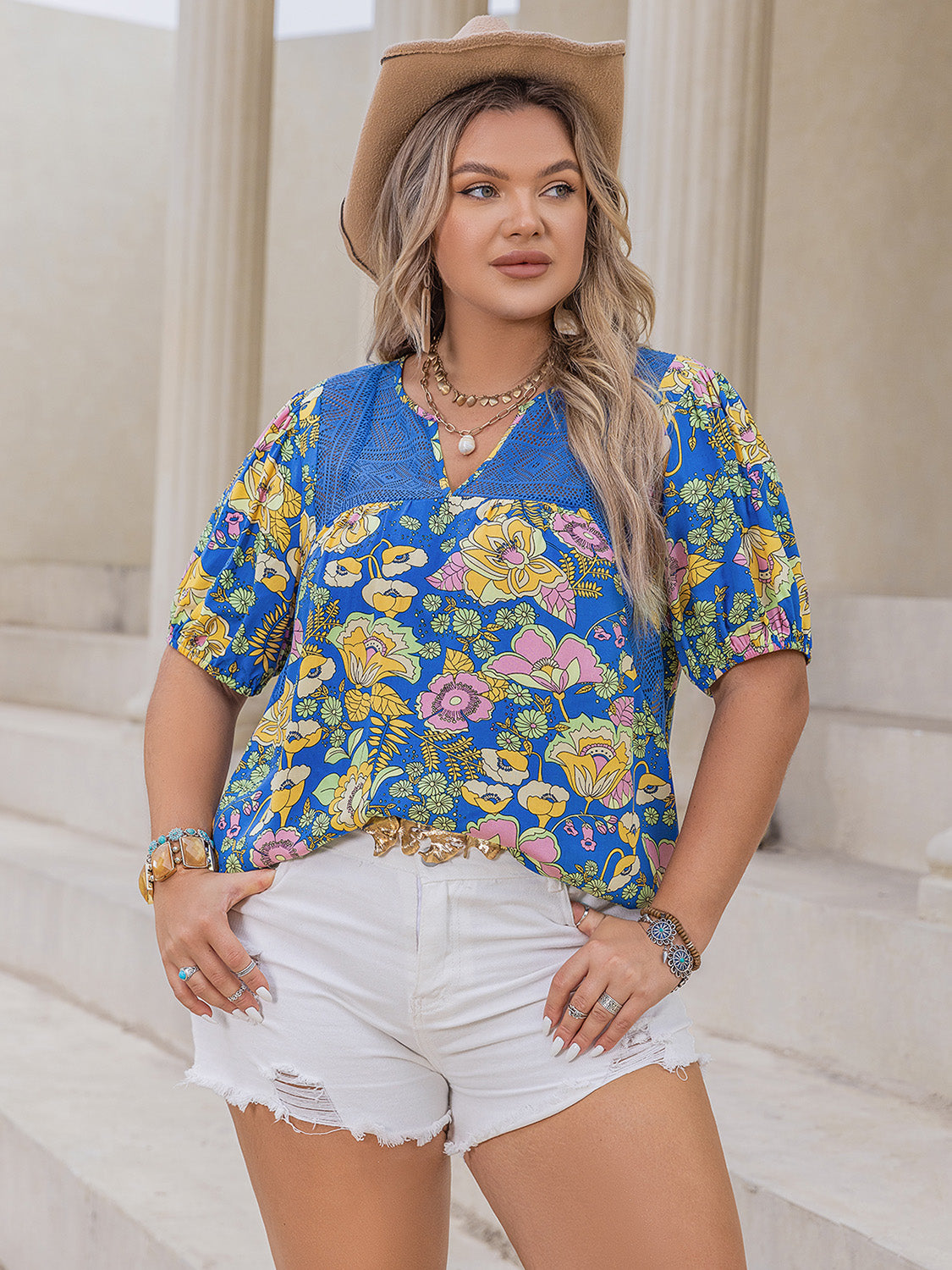 Plus Size Printed Notched Short Sleeve Blouse-Jewearrings