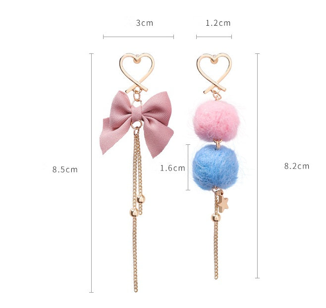 925 silver needle sweet hair ball bow love tassel earrings girl heart ball asymmetric earrings-Jewearrings