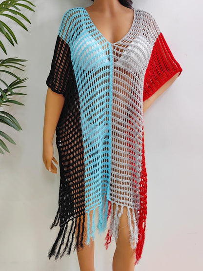 Fringe Color Block Scoop Neck Cover Up-Jewearrings