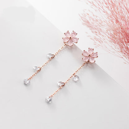 Ailuoqi S925 Silver Japanese Pink Lady Five Petal Flower Earrings Sweet Round Diamond Tassel Earrings-Jewearrings