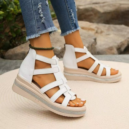 Cutout Rhinestone Trim Wedge Sandals-Jewearrings