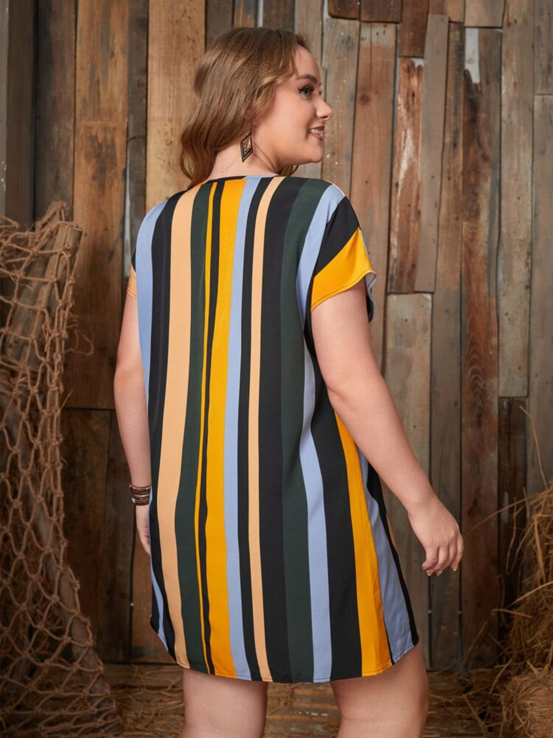 Plus Size Striped Short Sleeve Mini Dress-Jewearrings