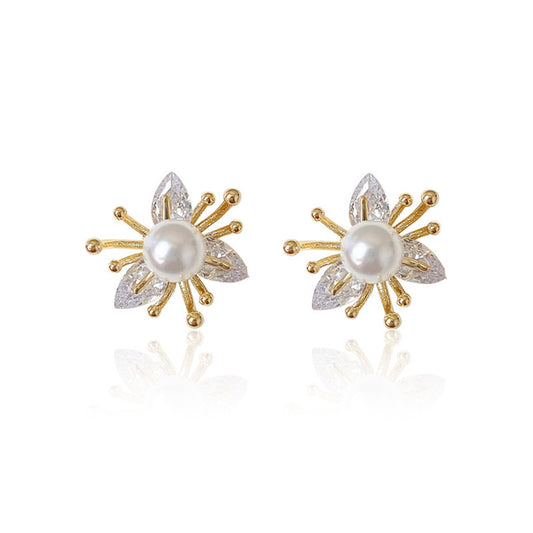 Ladies S925 Silver Needle Pearl Petal Stud Earrings-Jewearrings