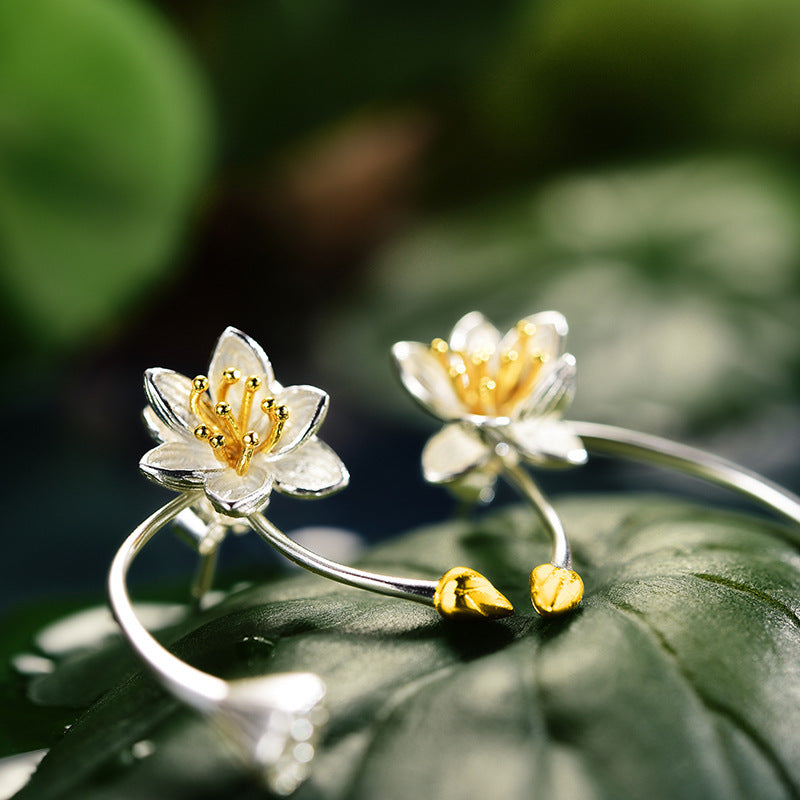 Elegant And Refined Lotus Sterling Silver Earrings Literary Antique Handmade-Jewearrings