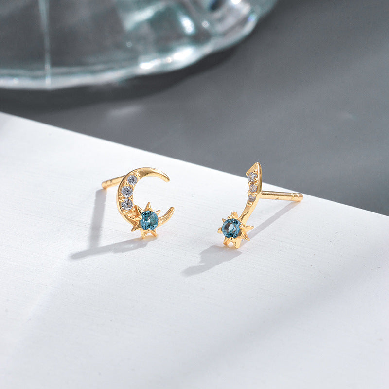 Star Moon Mini S925 Silver Gold Plated Natural Topaz Stud Earrings-Jewearrings