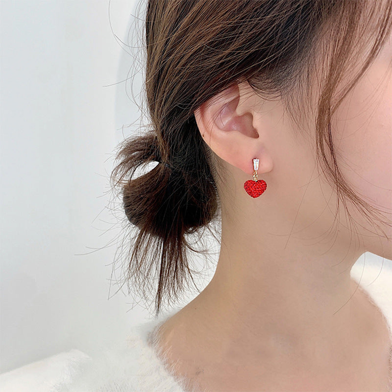 S925 Silver Needle New Year Red Peach Heart Earrings-Jewearrings