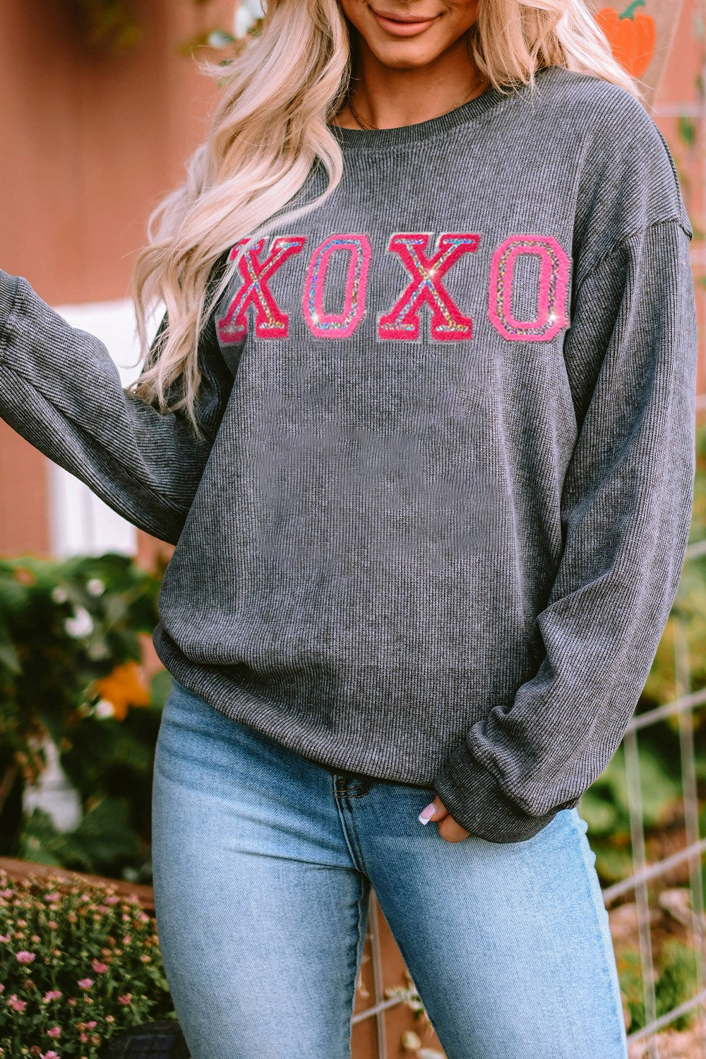 XOXO Round Neck Dropped Shoulder Sweatshirt-Jewearrings