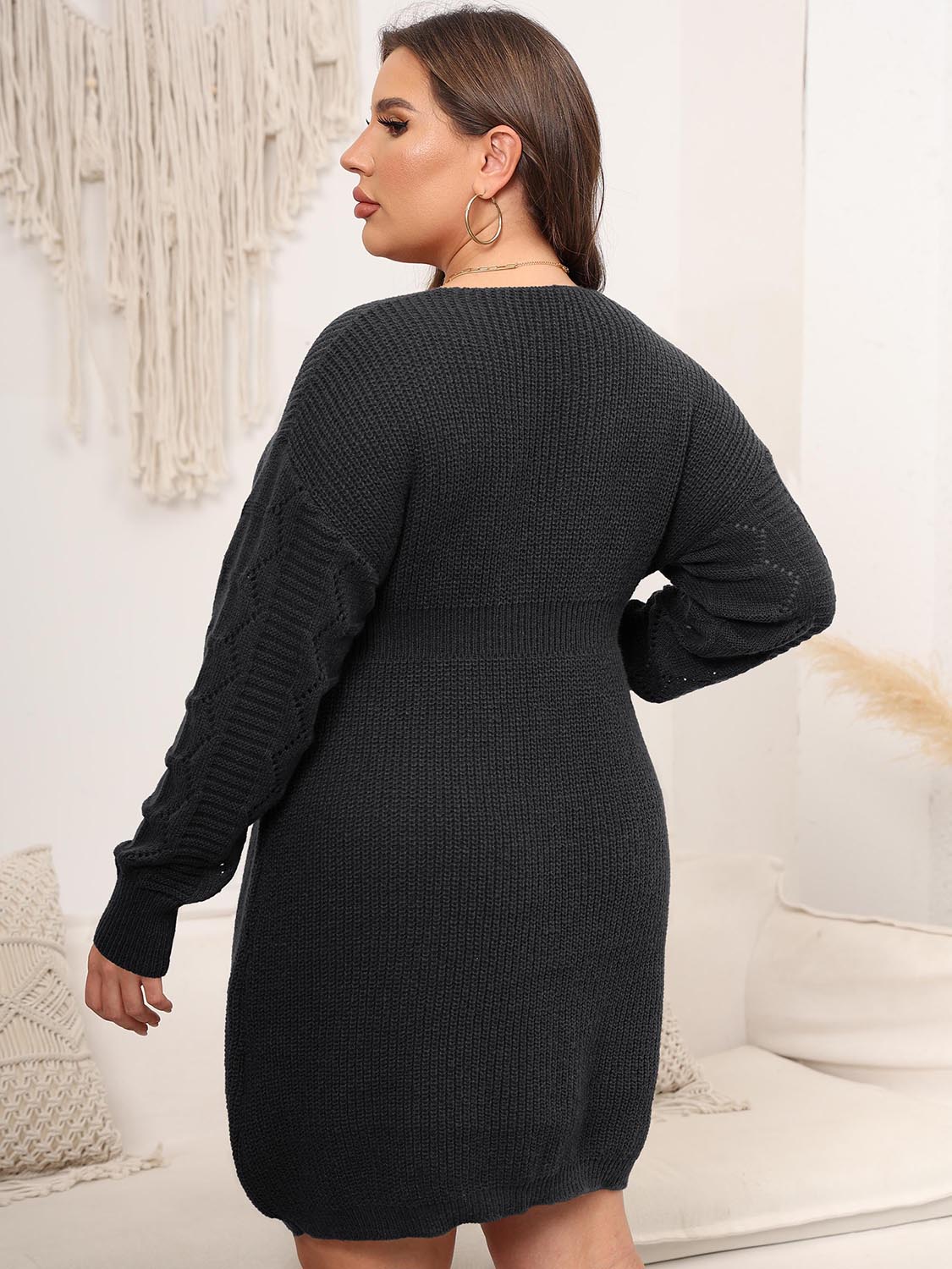 Plus Size Dropped Shoulder Long Sleeve Knit Mini Dress-Jewearrings