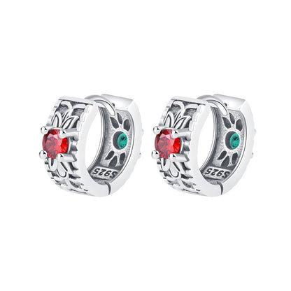 925 Sterling Silver Floral Pattern Red Green Zircon Front And Back Wear Vintage Earrings-Jewearrings