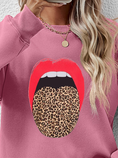 Leopard Lip Graphic Round Neck Sweatshirt-Jewearrings