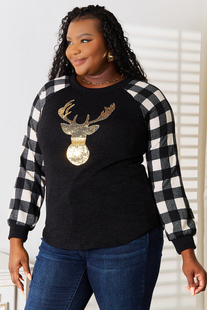 Heimish Full Size Sequin Reindeer Graphic Plaid Top-Jewearrings