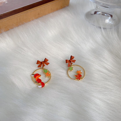 Cartoon Character Bow Little Fox Maple Leaf Earrings-Jewearrings