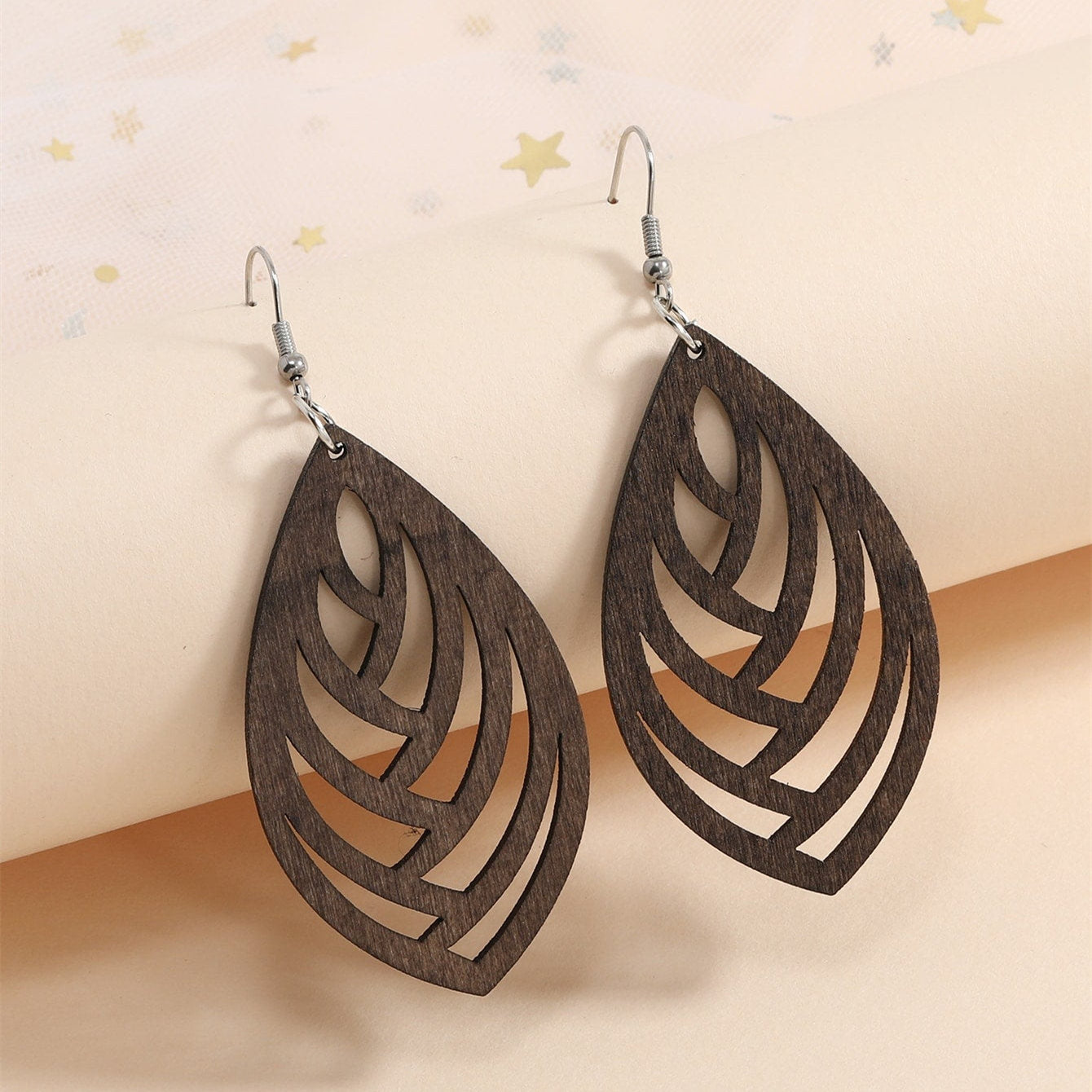 Hollow Geometry Wood Earrings Eardrop Personality Wooden Earrings Silver-plated Ear Studs-Jewearrings