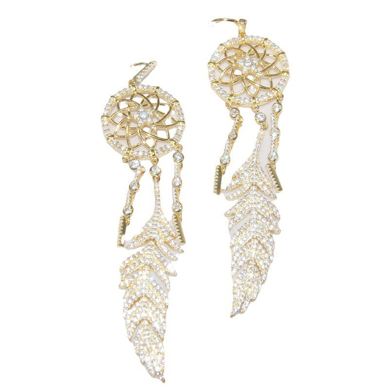 Sterling Silver Earrings Set With Diamonds To Catch Dream Net Feathers-Jewearrings