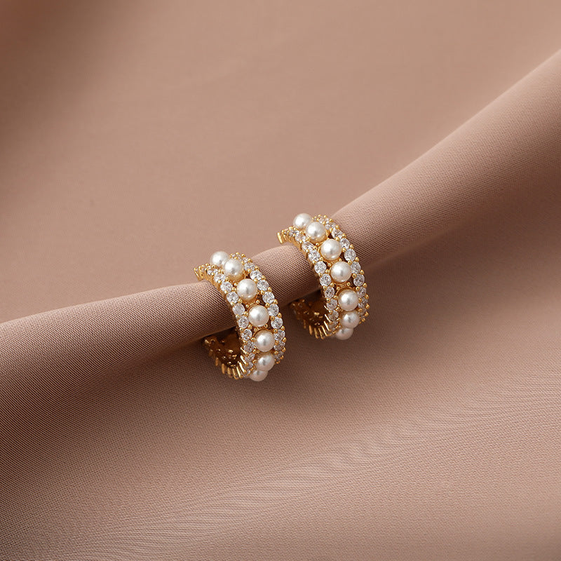 Vintage C- Shaped Gold-plated Zircon Pearl Earrings-Jewearrings