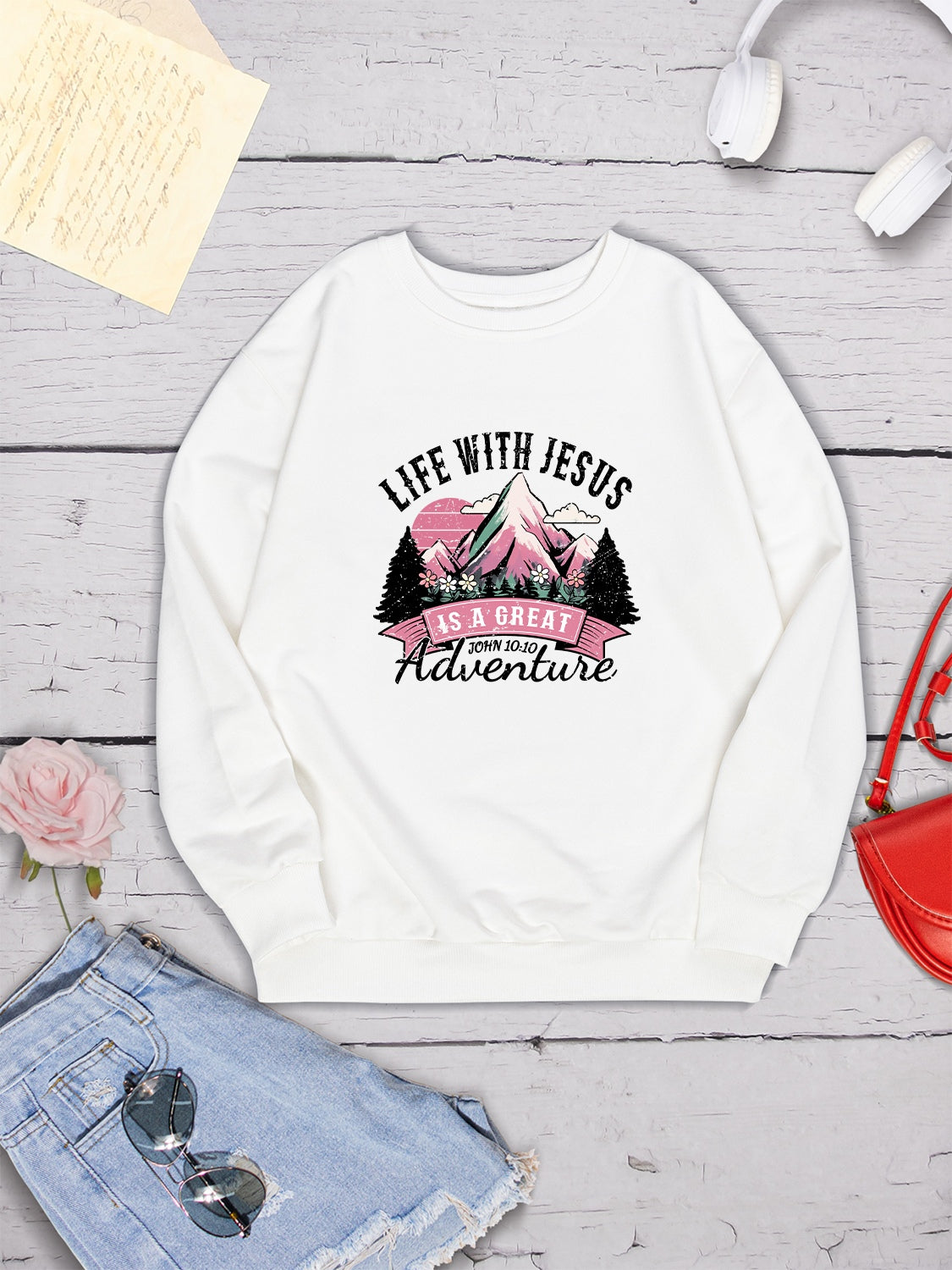 LIFE WITH JESUS IS A GREAT ADVENTURE Round Neck Sweatshirt-Jewearrings