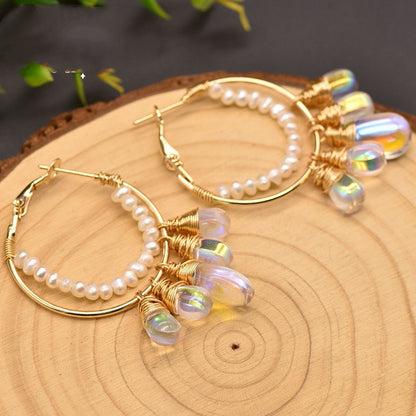 Pearl Czech crystal circle earrings-Jewearrings