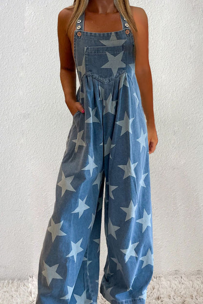 Star Square Neck Wide Leg Denim Overalls-Jewearrings