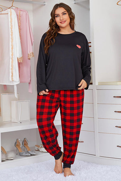 Plus Size Heart Graphic Top and Plaid Joggers Lounge Set-Jewearrings