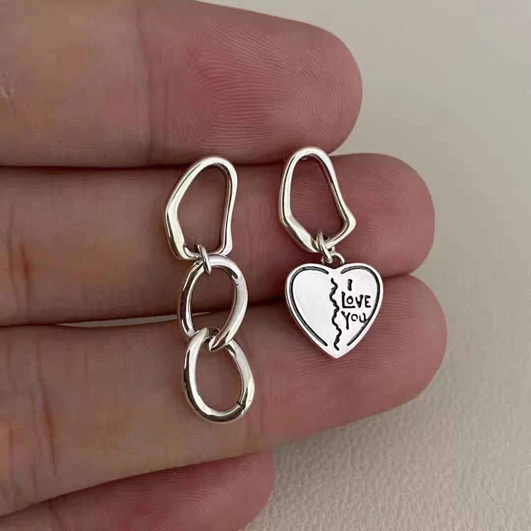 S925 Sterling Silver Vintage Heart Asymmetric Earrings-Jewearrings