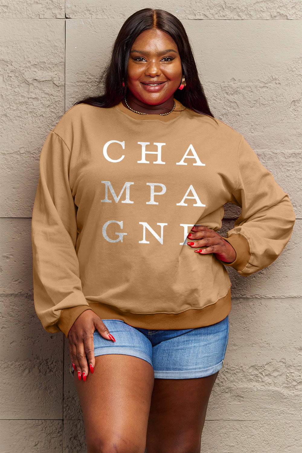 Simply Love Full Size CHAMPAGNE Graphic Long Sleeve Sweatshirt-Jewearrings