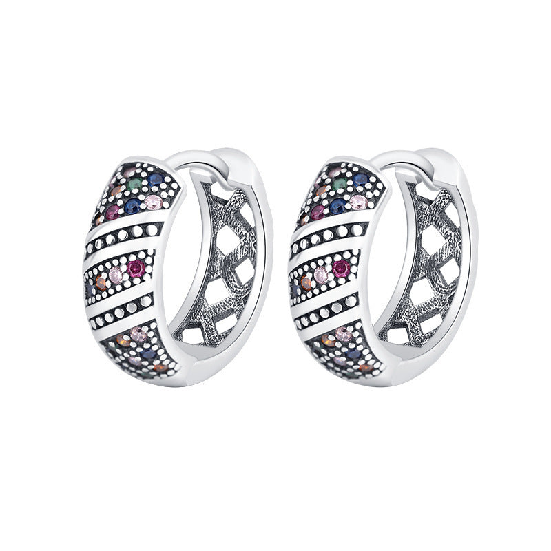 Delicate Retro Thai Silver Chaoren Ring Earrings With Micro Inlaid Colorful Zircon Earrings-Jewearrings