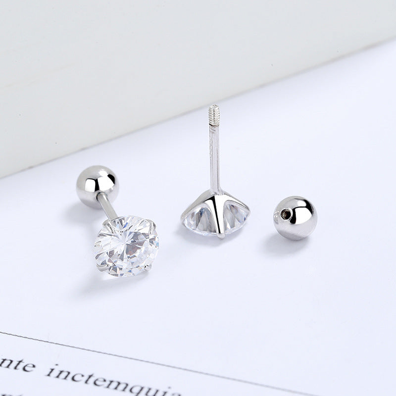 S925 Sterling Silver Zircon Four-claw Round Beads Thread Stud Earrings Female Screw Tightening Buckle Ear Bone Stud Simple Fashion Ear Jewelry-Jewearrings