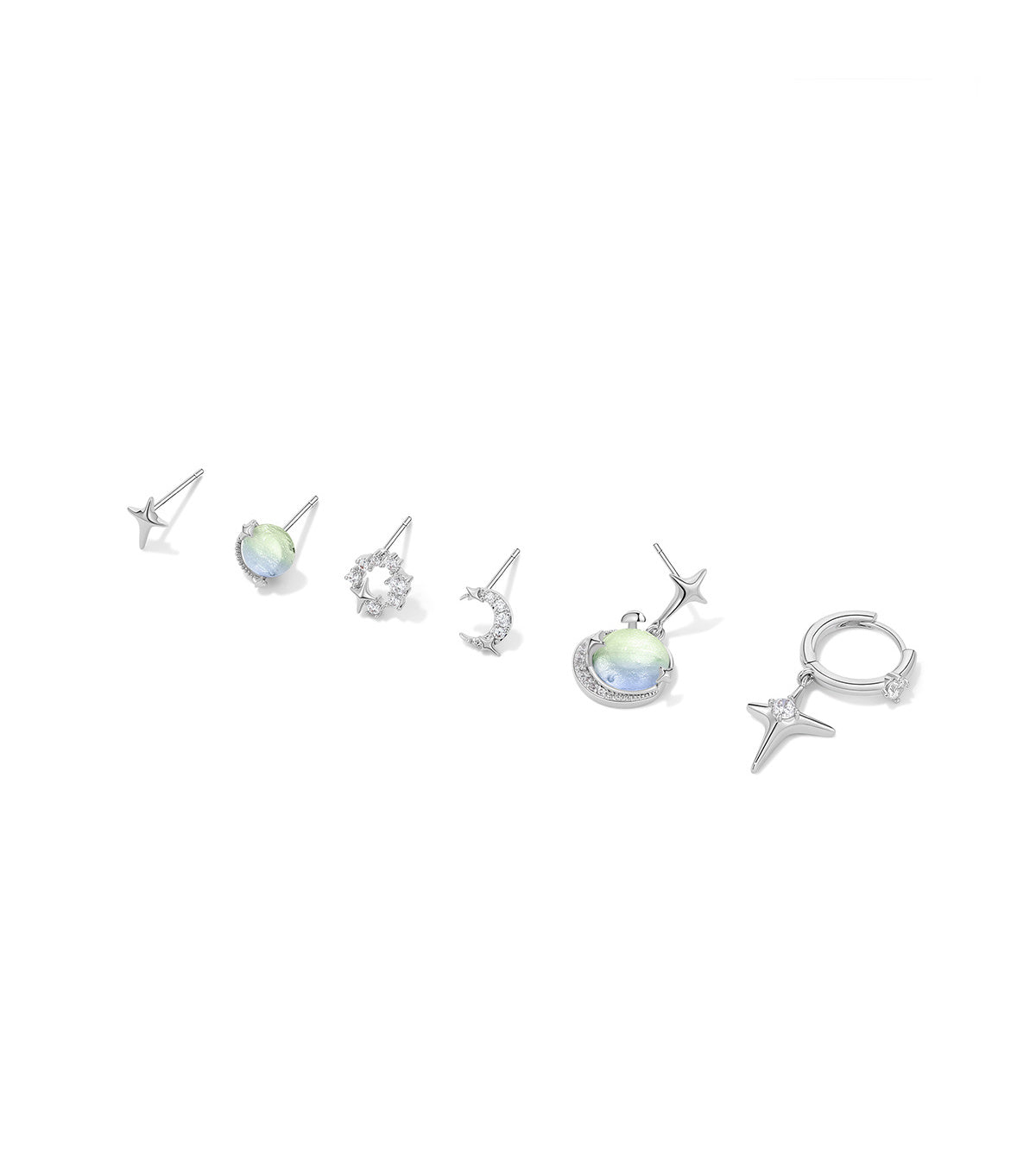 Star Moon Zircon Silver Needle Six-piece Earrings-Jewearrings