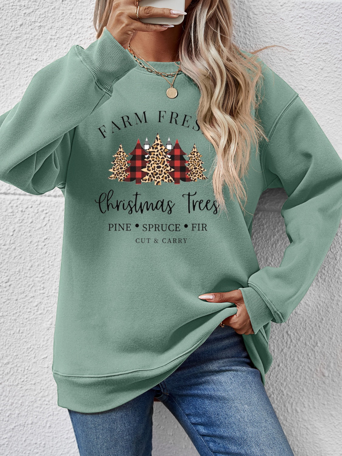 Graphic Round Neck Long Sleeve Sweatshirt-Jewearrings