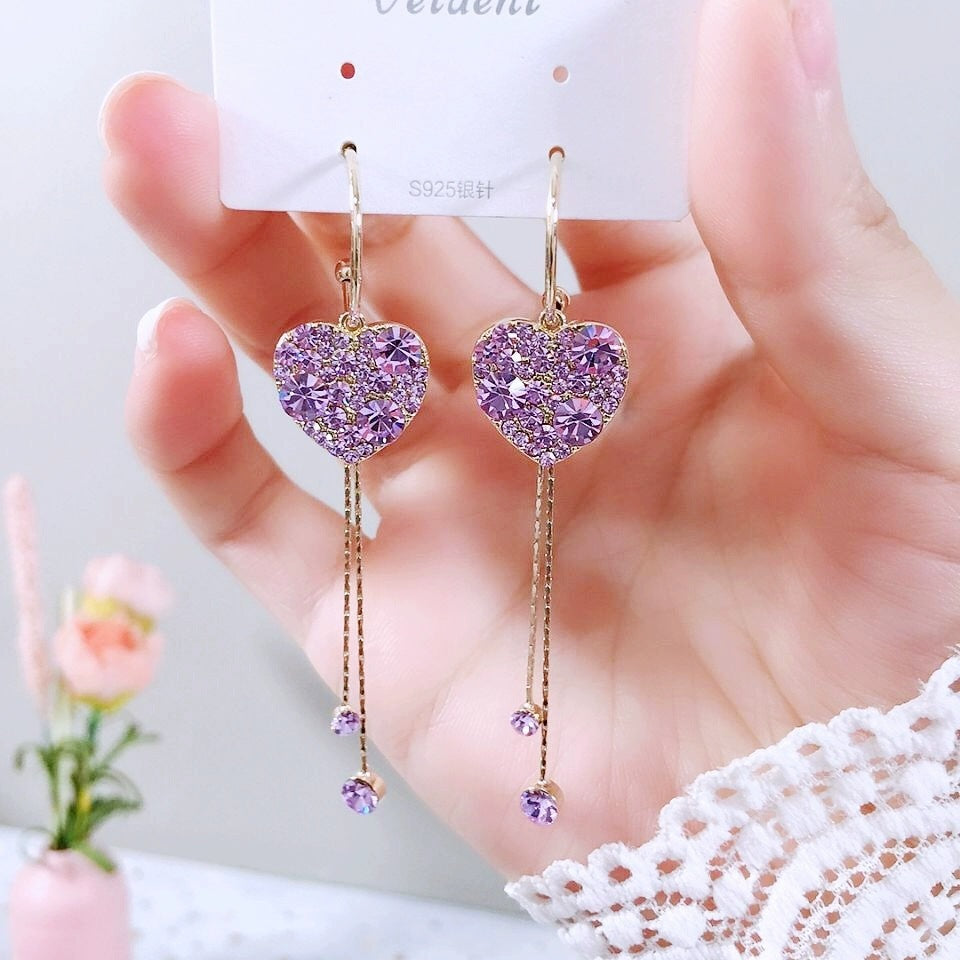 Silver Needle Net Red Fashion Purple Love Tassel Earrings-Jewearrings