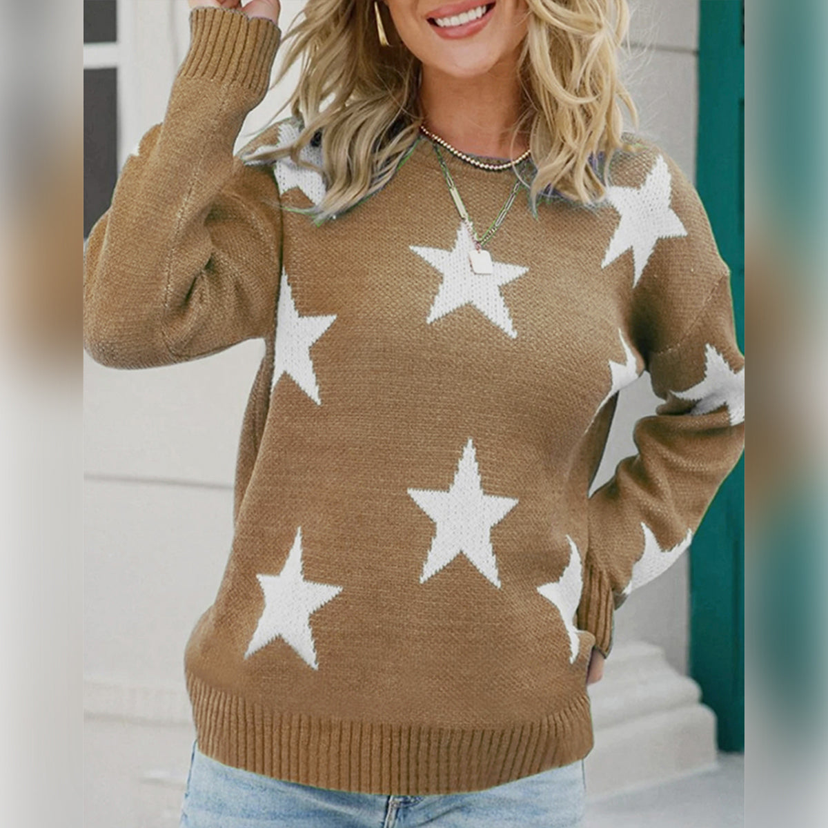 Star Pattern Round Neck Sweater-Jewearrings