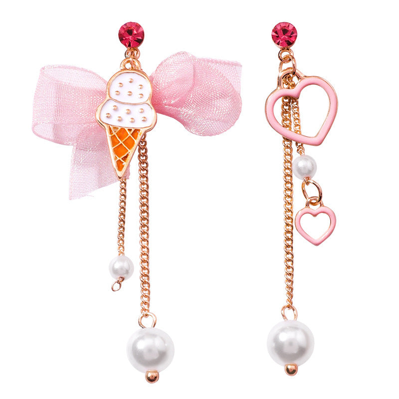 Korean summer sweet ice cream chiffon bow love asymmetrical long tassel earrings girl heart earrings-Jewearrings