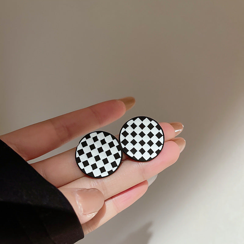 Silver Needle Geometry Drop Oil Checkered Love Stud Earrings Temperament-Jewearrings