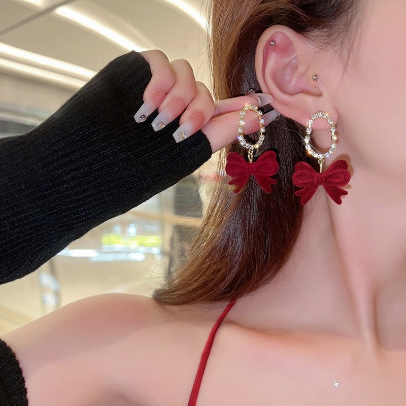 Burgundy Velvet Bow Earrings Niche Design-Jewearrings