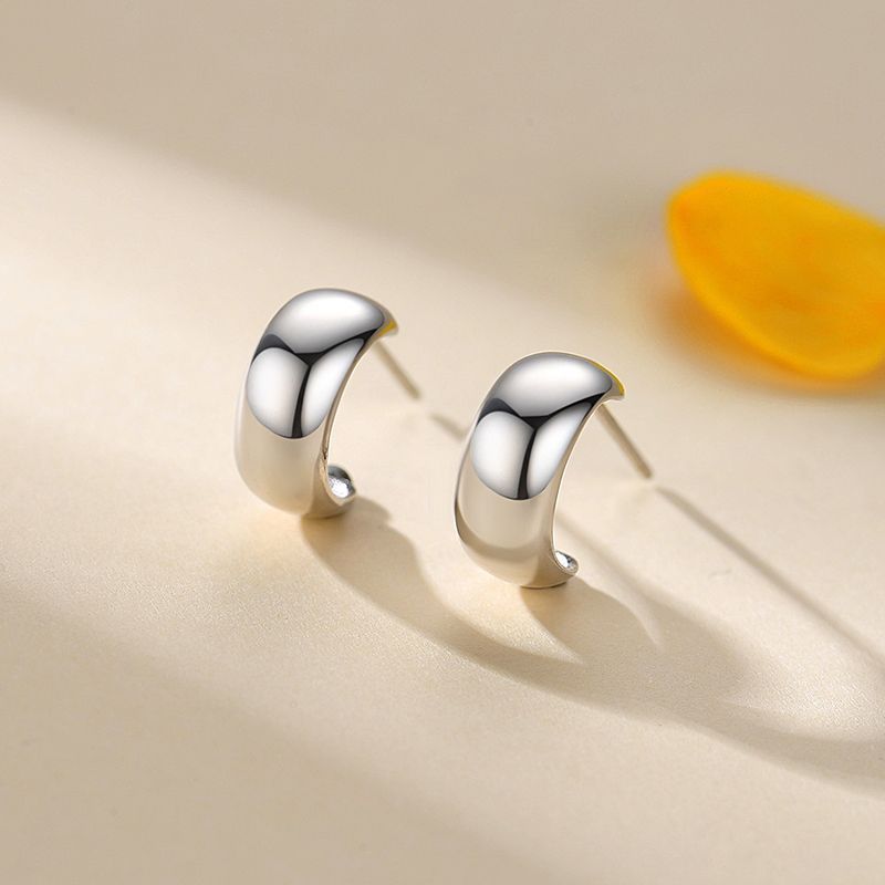 S925 Sterling Silver Glossy C- Shaped Stud Earrings For Women Japanese And Korean Simple Earrings-Jewearrings