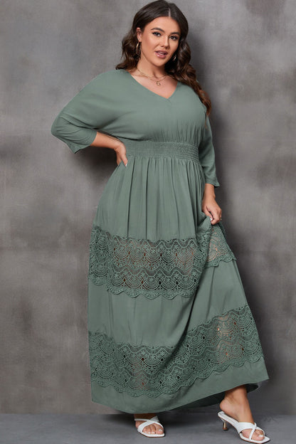 Plus Size Tied V-Neck Smocked Crochet Maxi Dress-Jewearrings