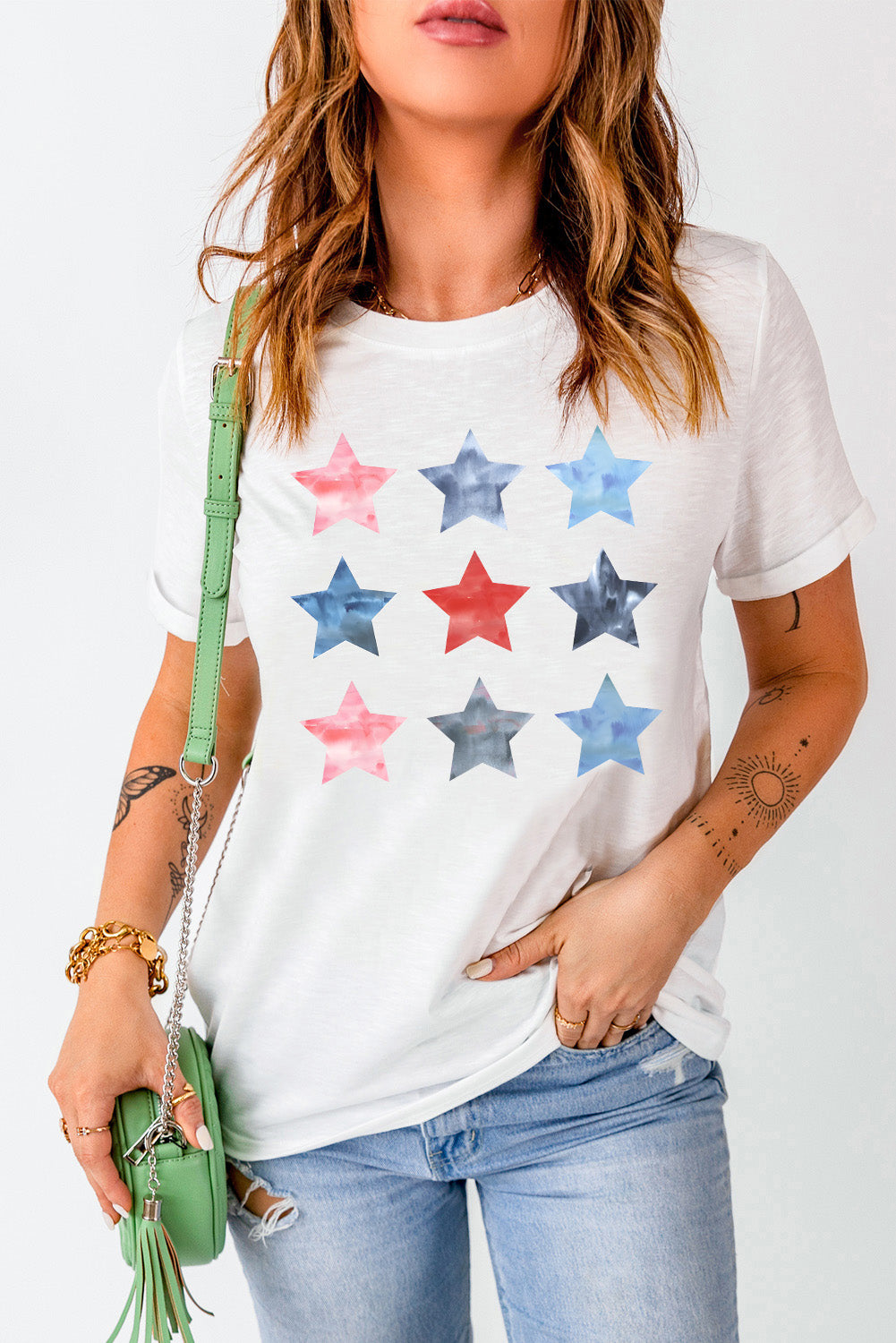 Star Round Neck Short Sleeve T-Shirt-Jewearrings