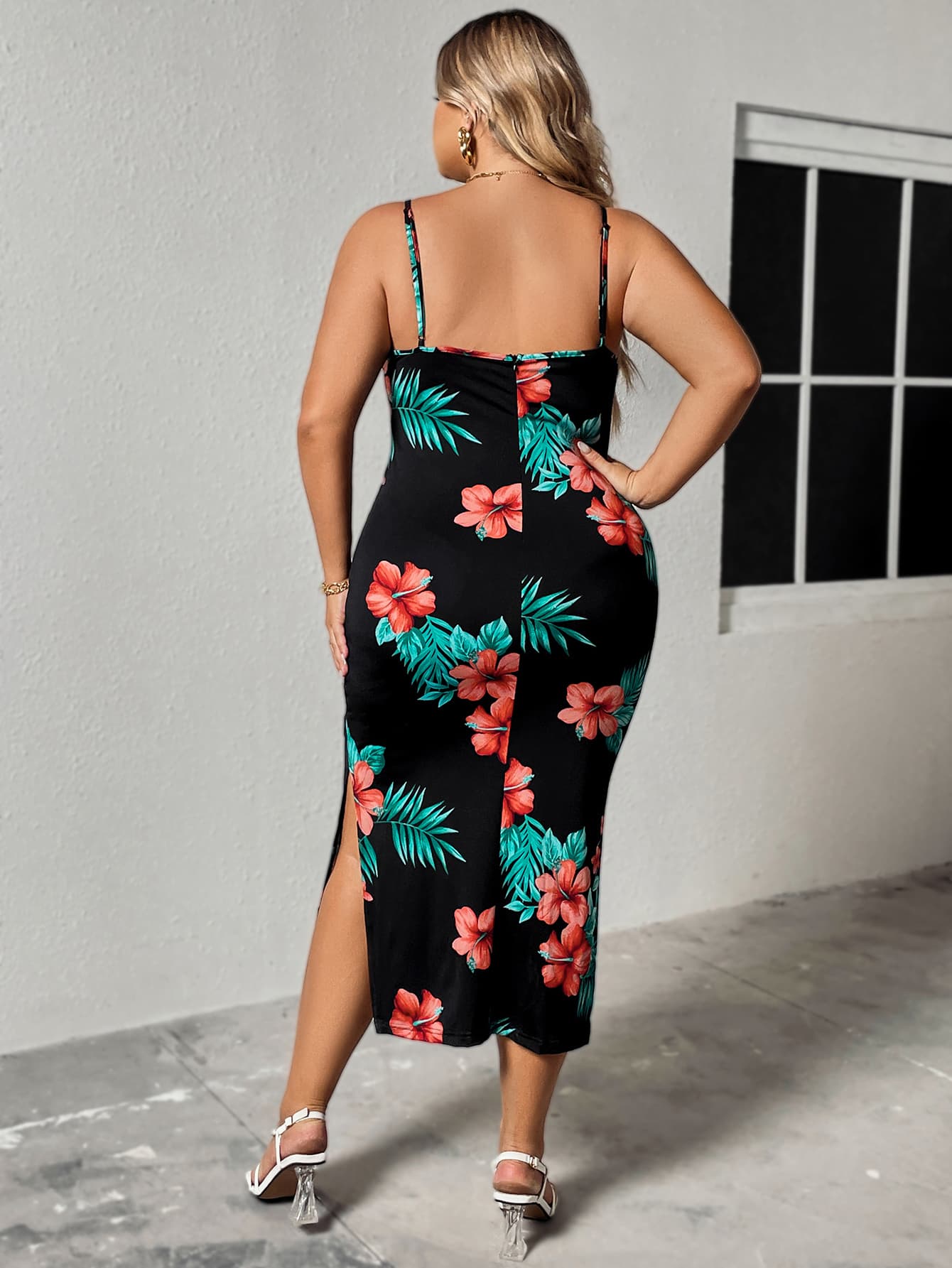 Plus Size Floral Spaghetti Strap Ruffled Slit Dress-Jewearrings