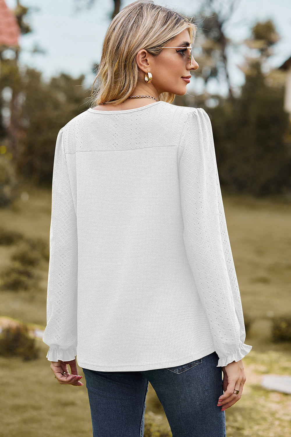 Eyelet Round Neck Flounce Sleeve T-Shirt-Jewearrings