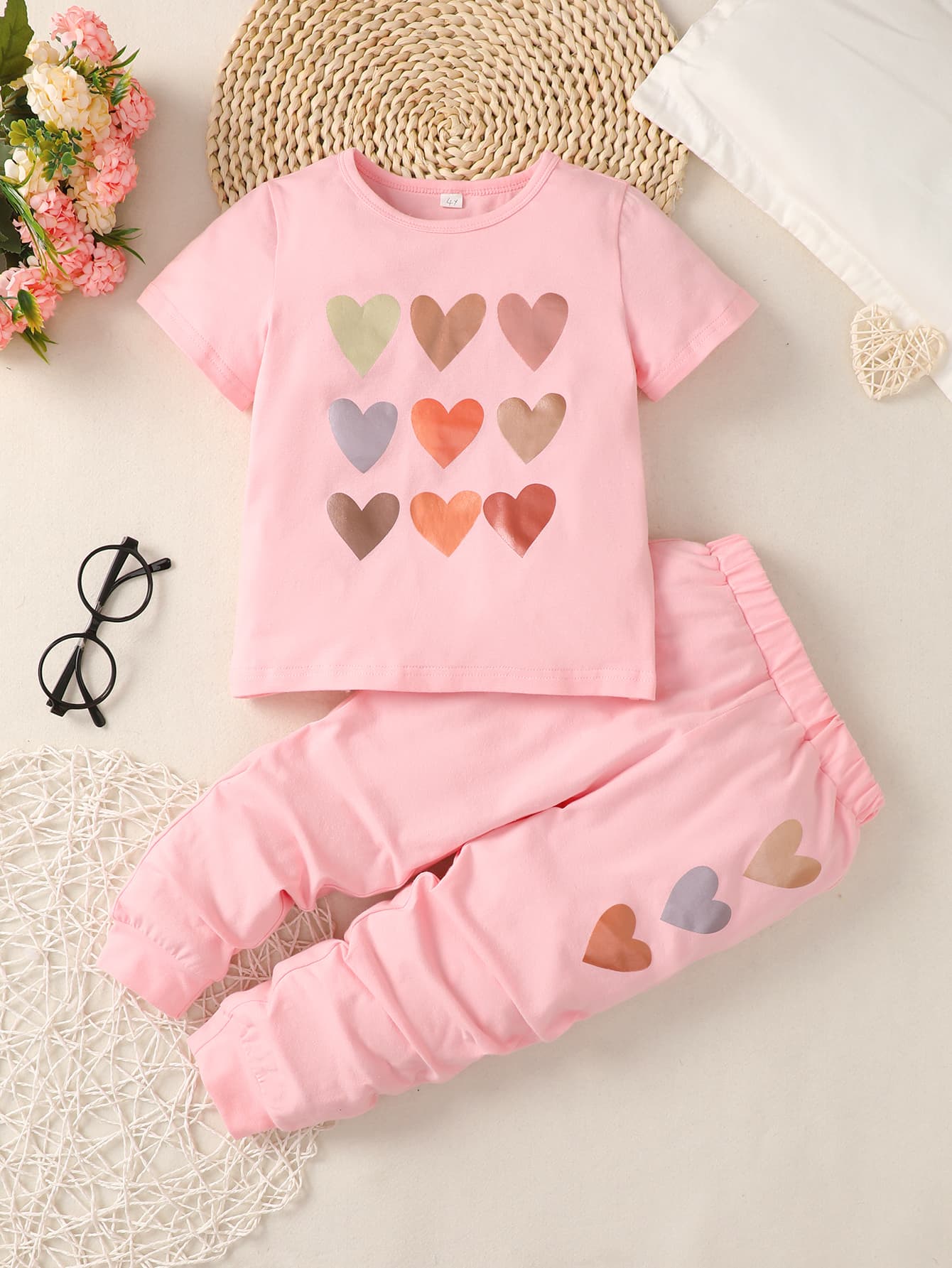 Girls Heart Print T-Shirt and Joggers Set-Jewearrings