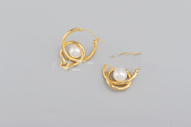 Trendy Quality Golden Pearl Cross Double Circle Earrings For Women-Jewearrings