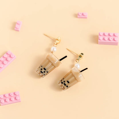 Pearl milk tea female earrings-Jewearrings