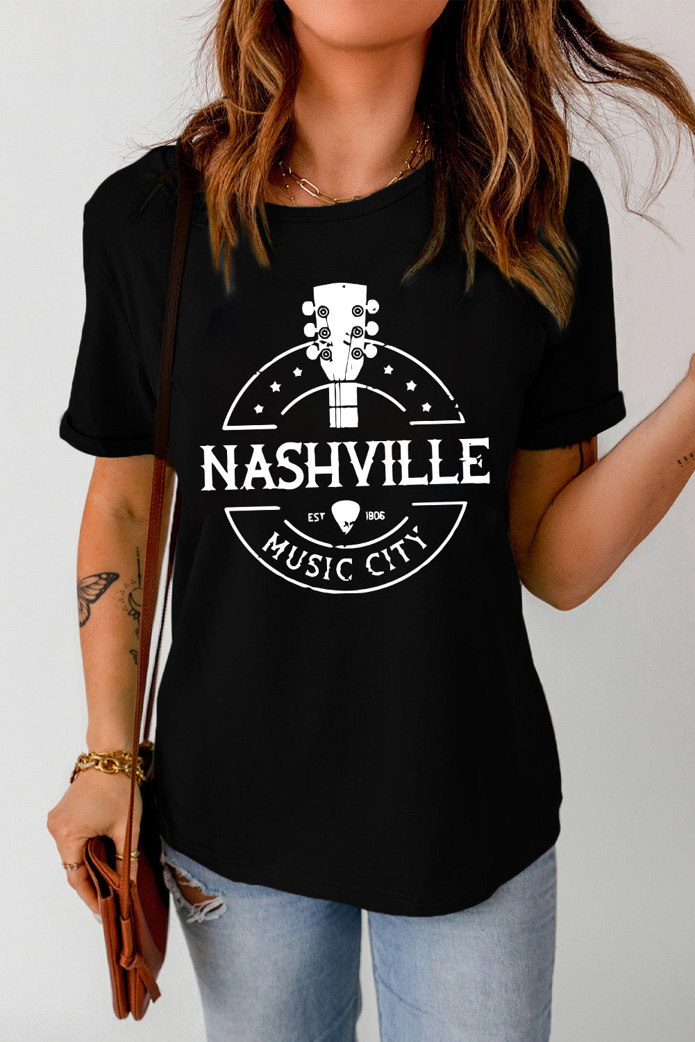 Western NASHVILLE MUSIC CITY Cuffed Graphic Tee Shirt-Jewearrings