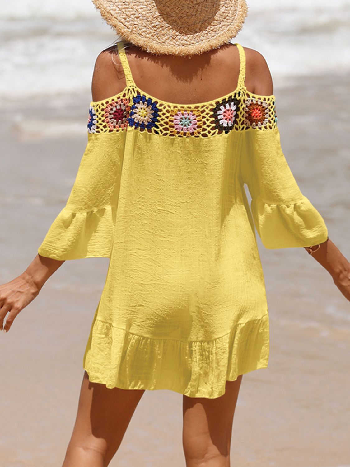 Crochet Cold Shoulder Three-Quarter Sleeve Cover Up-Jewearrings