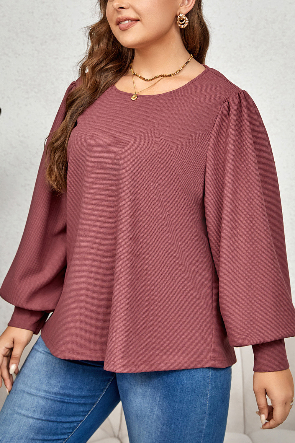 Plus Size Round Neck Puff Sleeve Top-Jewearrings