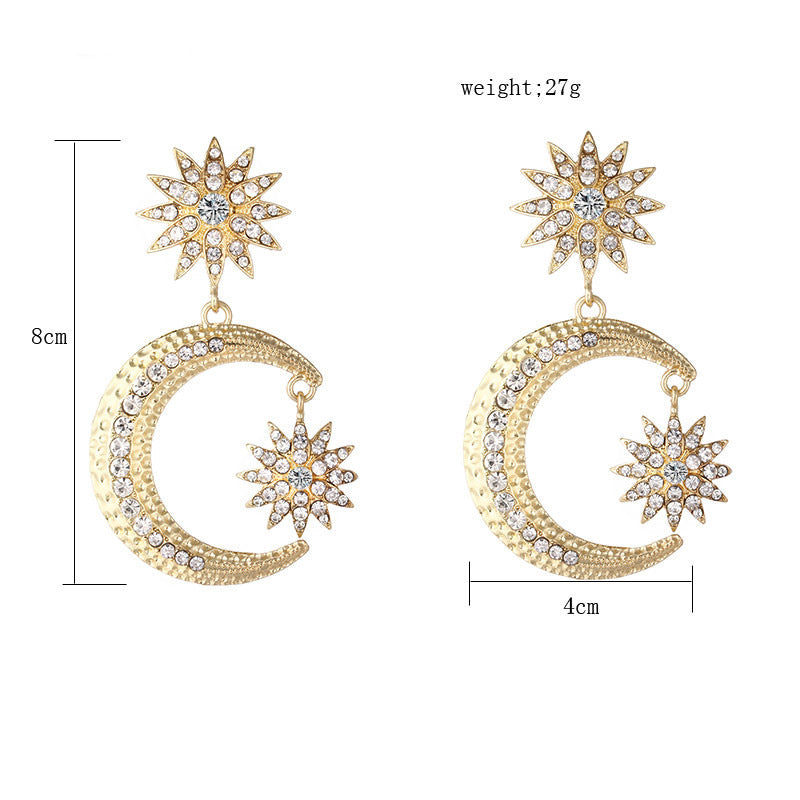 European And American Star And Moon Stud Earring Women's Retro Sun Moon Star Diamond Stud Earrings Exaggerated Eight Awn Star Long Earrings-Jewearrings