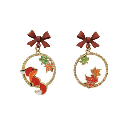 Cartoon Character Bow Little Fox Maple Leaf Earrings-Jewearrings