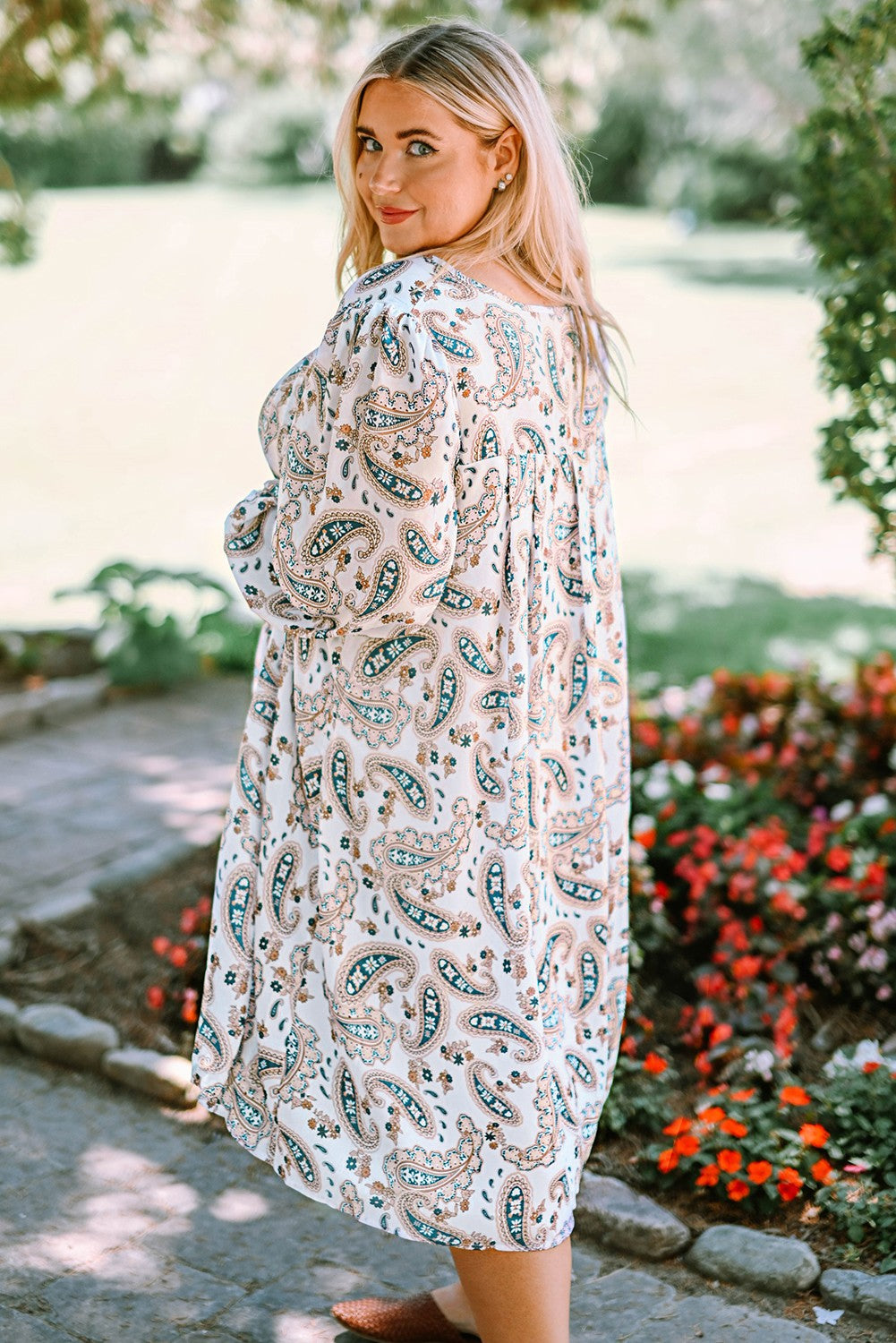 Plus Size Paisley Print Puff Sleeve Dress-Jewearrings