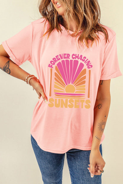 FOREVER CHASING SUNSETS Round Neck T-Shirt-Jewearrings