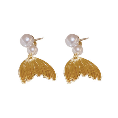 Silver Needle Fishtail Pearl Tassel Simple Earrings-Jewearrings